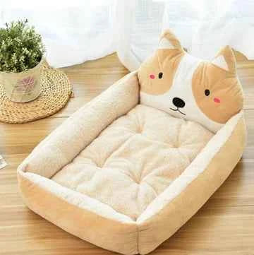 Cozy tan and cream dog bed with a playful corgi design, featuring soft plush fabric and a tufted base for comfort.